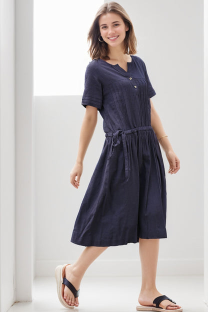 Casual Navy Blue Short-Sleeved Pleated Mid-Length Dress for Women C268