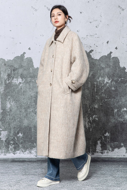 Camel Wool Blend Oversized Coat - Minimalist Long Overcoat c5479