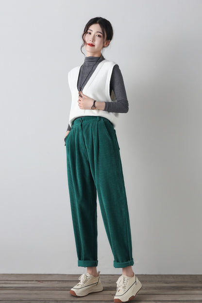 Green wide leg corduroy winter pants C4346