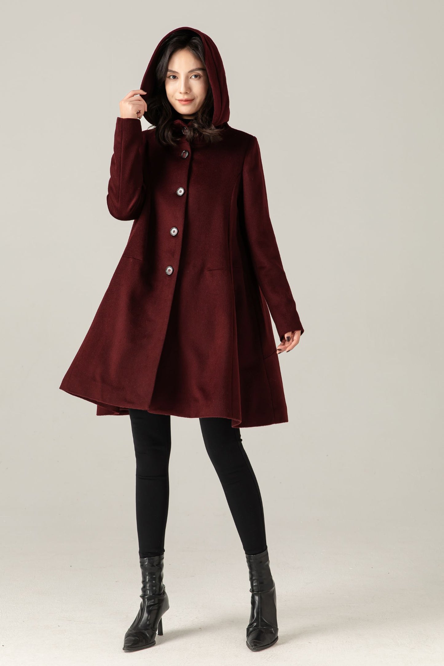 Burgundy Wool Blend Hooded Coat: A-Line Mid-Length Winter Overcoat, Ylistyle C5377