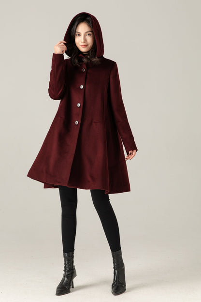 Burgundy Wool Blend Hooded Coat: A-Line Mid-Length Winter Overcoat, Ylistyle C5377