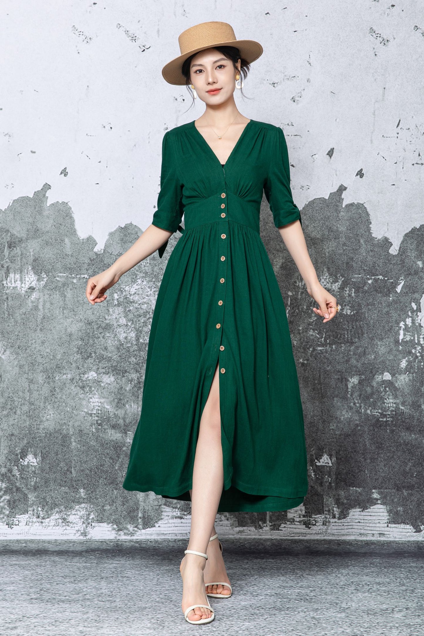 Dark Green Linen Midi Dress - V-Neck Button Front with Puff Sleeves c5473