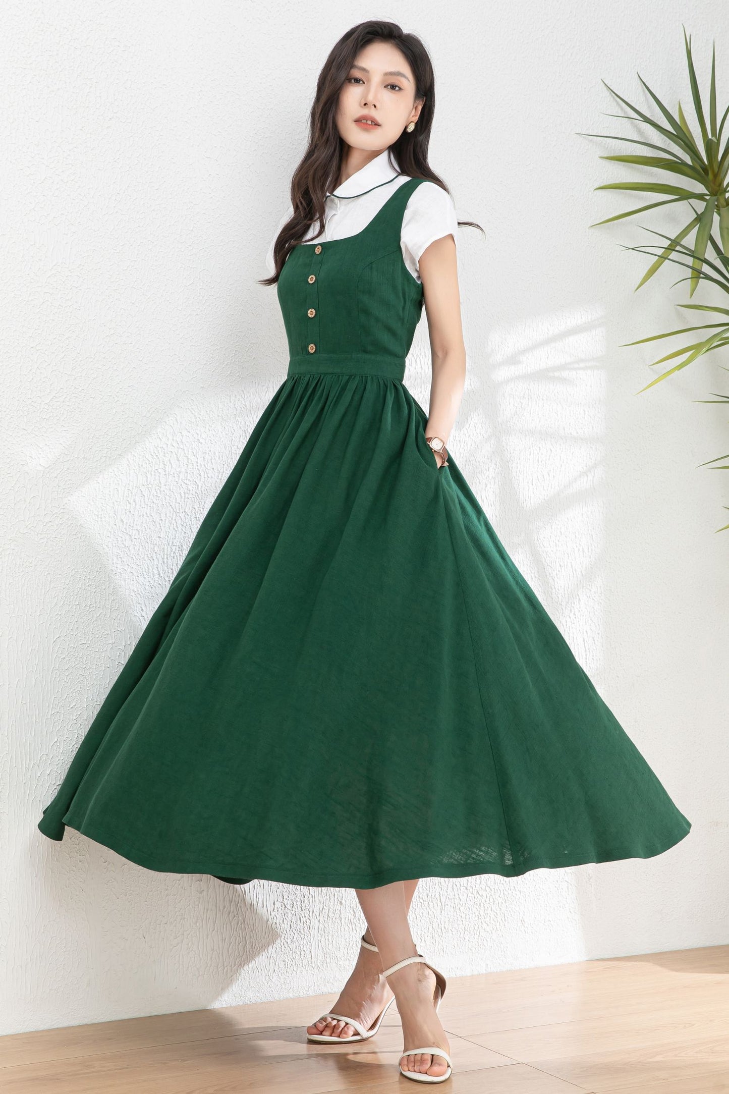 Summer Green Linen Pinafore Dress c4983