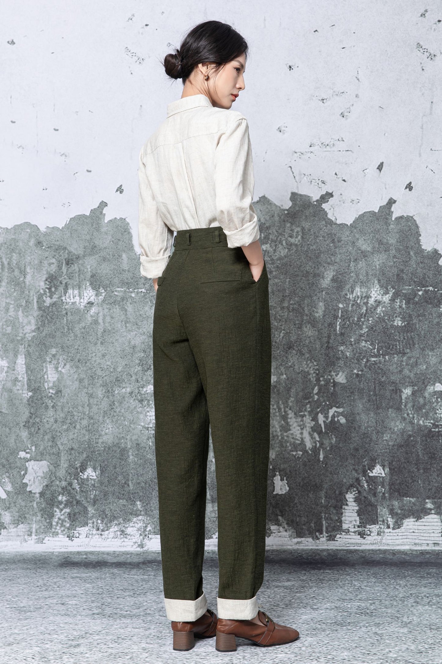 Olive Linen Blend Wide Leg Trousers - High Waist Relaxed Fit c5477