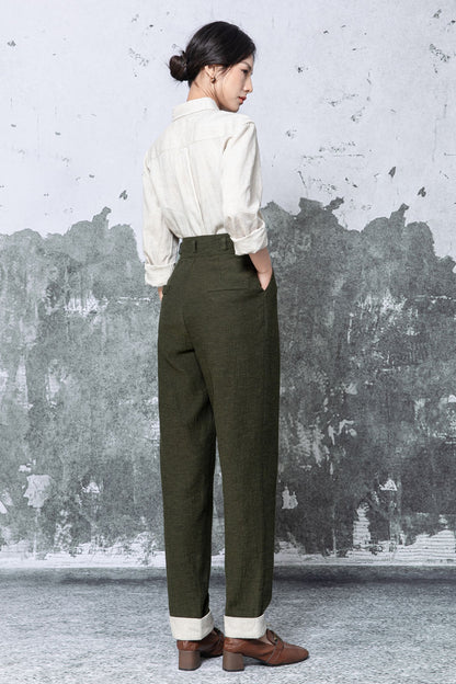 Olive Linen Blend Wide Leg Trousers - High Waist Relaxed Fit c5477