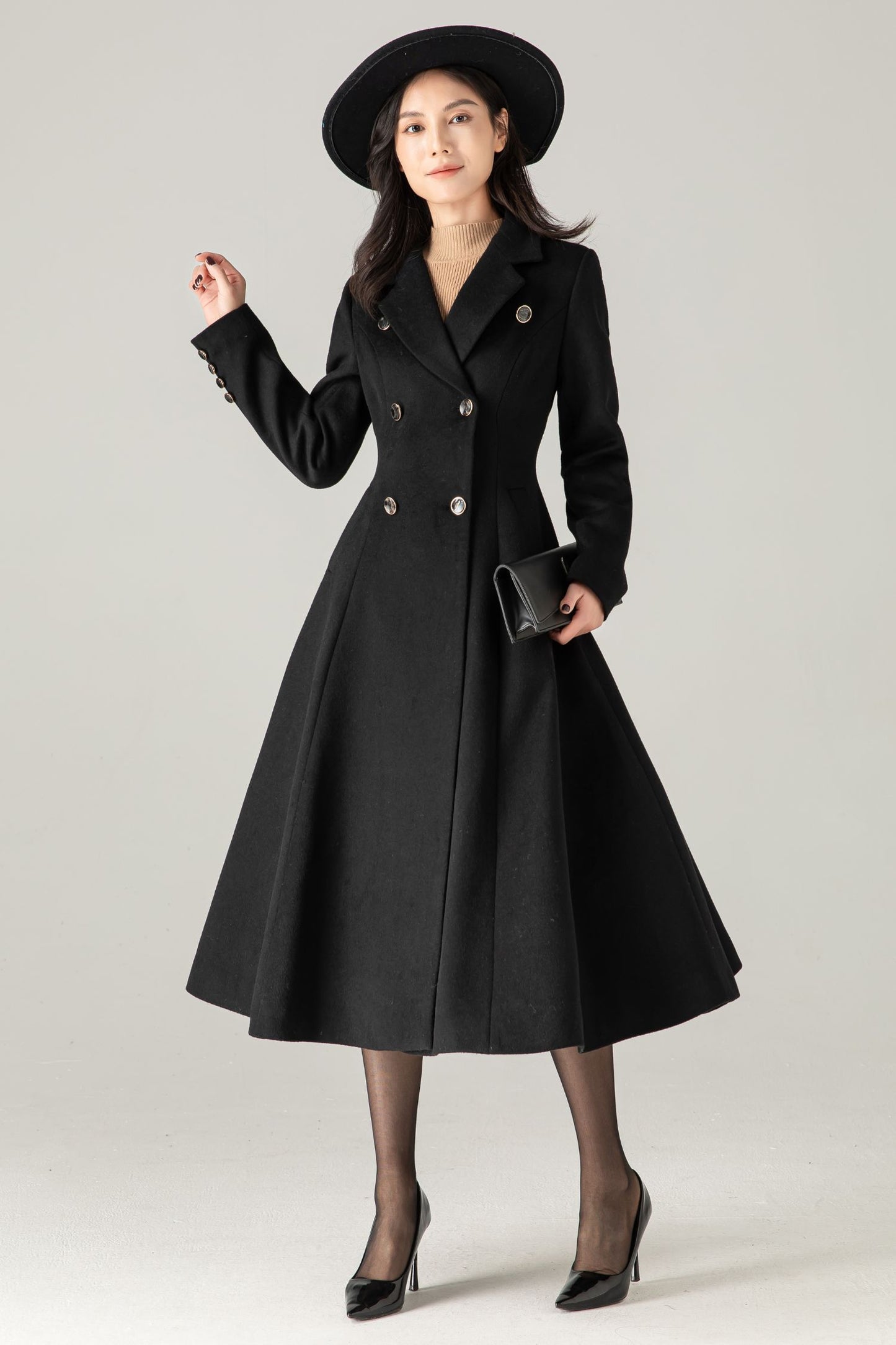 Black Wool-Blend Maxi Coat: Double-Breasted Belted Swing Overcoat, Ylistyle C5372