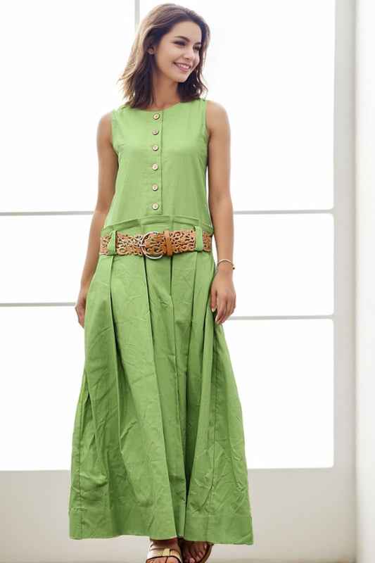 Green Maxi Casual Long Sleeveless Pleated Handmade Cool Linen Summer Dress C271