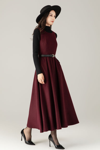Burgundy Wool maxi Dress: Sleeveless A-Line Swing Jumper, Ylistyle C5239