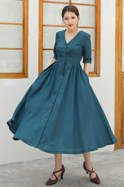 Button Front linen Midi dress c4839