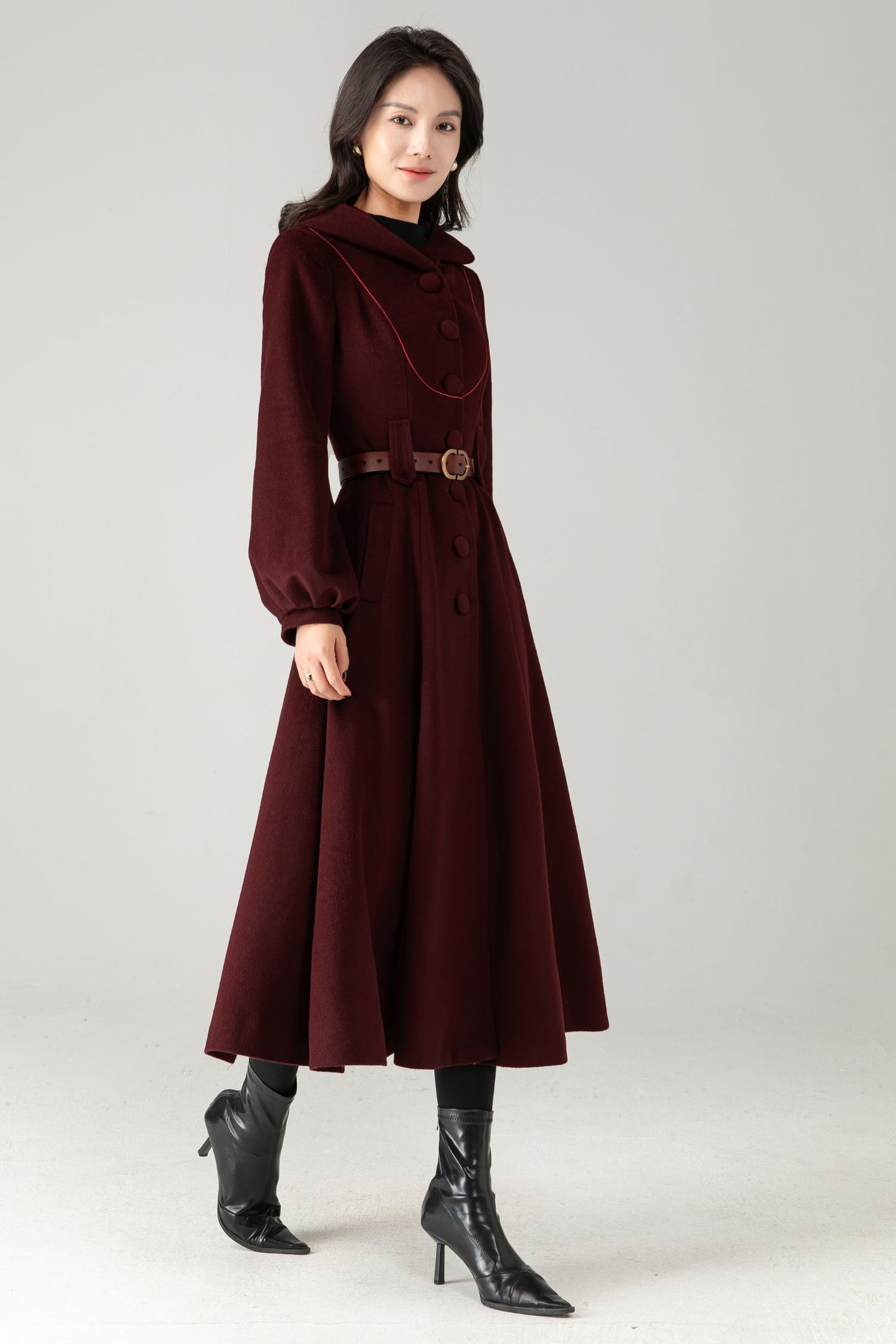 Burgundy Wool Blend Hooded Coat: Retro Belted A-Line Long Winter Coat C5343