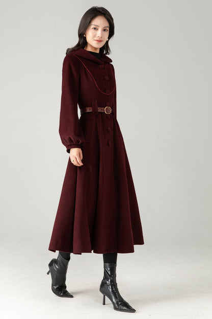 Burgundy Wool Blend Hooded Coat: Retro Belted A-Line Long Winter Coat C5343