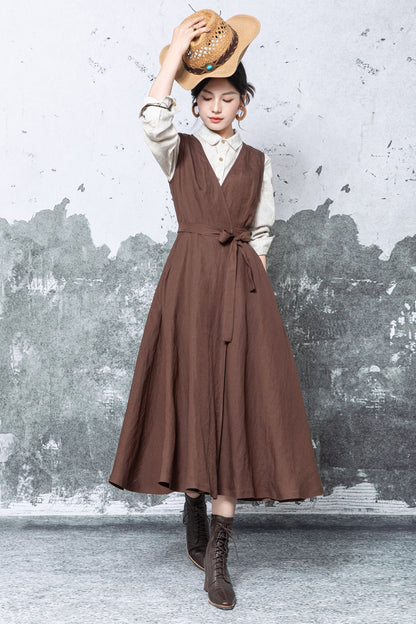 Brown Linen Wrap Midi Dress - Sleeveless V-Neck Tie Waist c5476