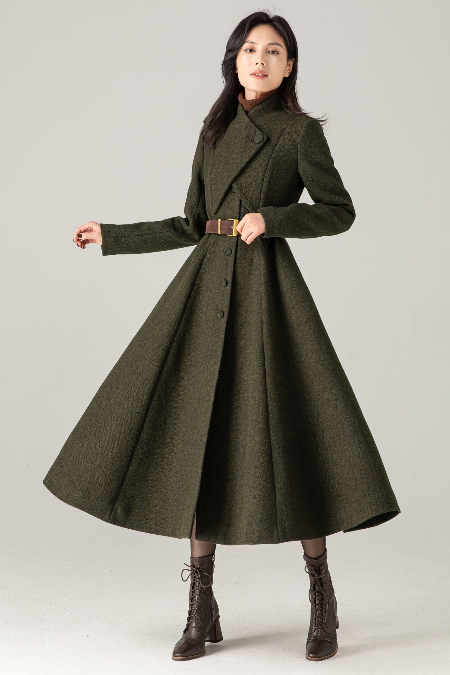 Olive Green Wool Blend Maxi Coat - Fit and Flare with Asymmetric Collar 5373