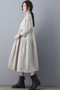 Loose Linen Midi Oversized Long Sleeve A line Dress with Pocket C1848