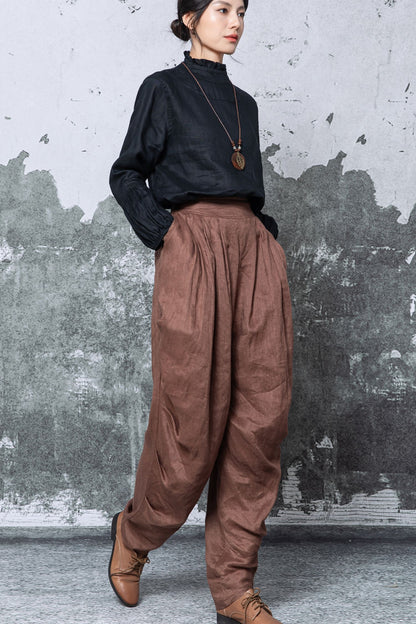 Brown Linen Harem Pants - High Waisted Wide Leg Relaxed Fit c5462