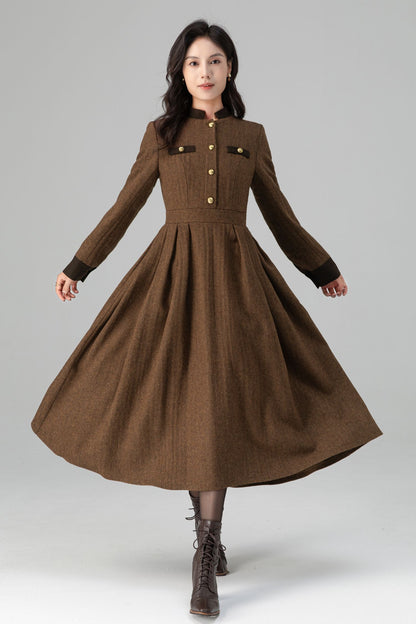 Warm Winter Military Button front Wool Dress Women C5194