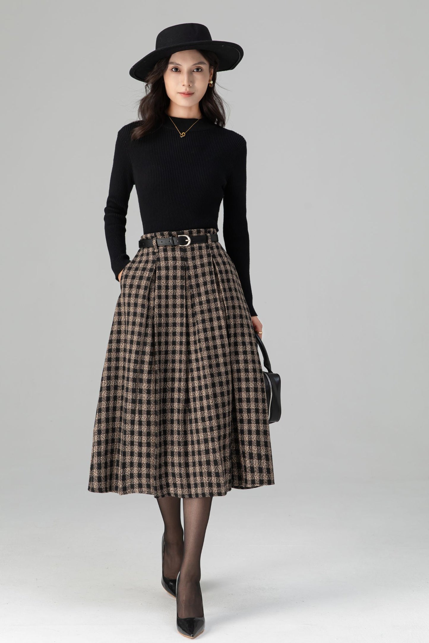 Vintage Pleated Midi Plaid Wool Skirt C5198