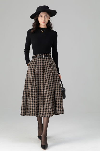 Vintage Pleated Midi Plaid Wool Skirt C5198