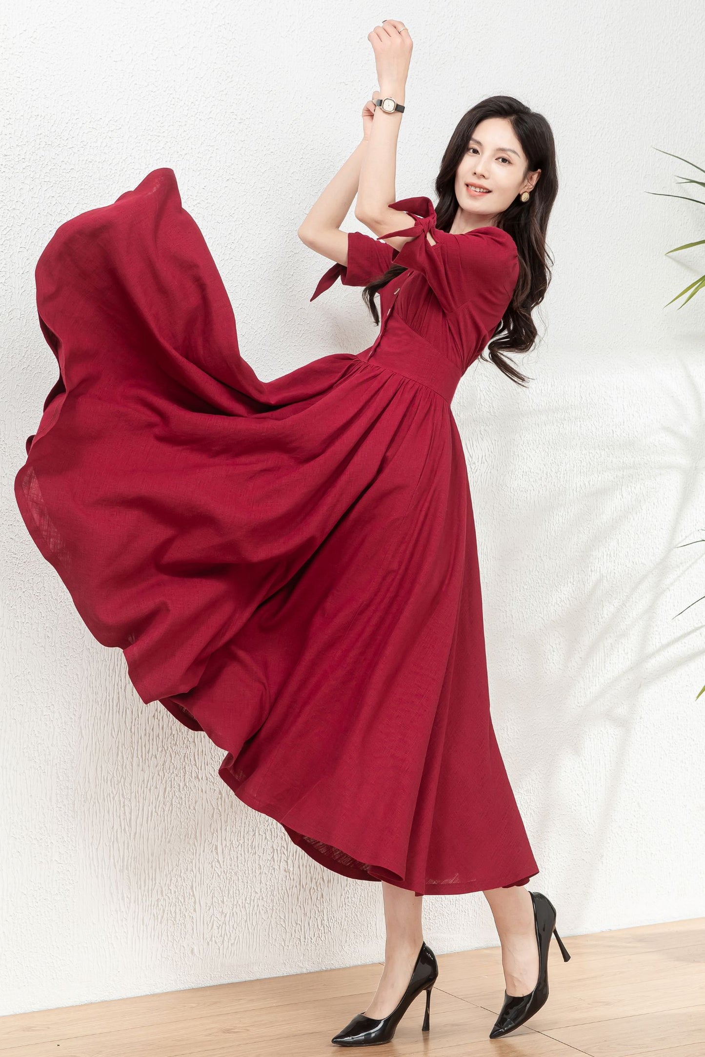 Burgundy fit and flare linen dress C4771