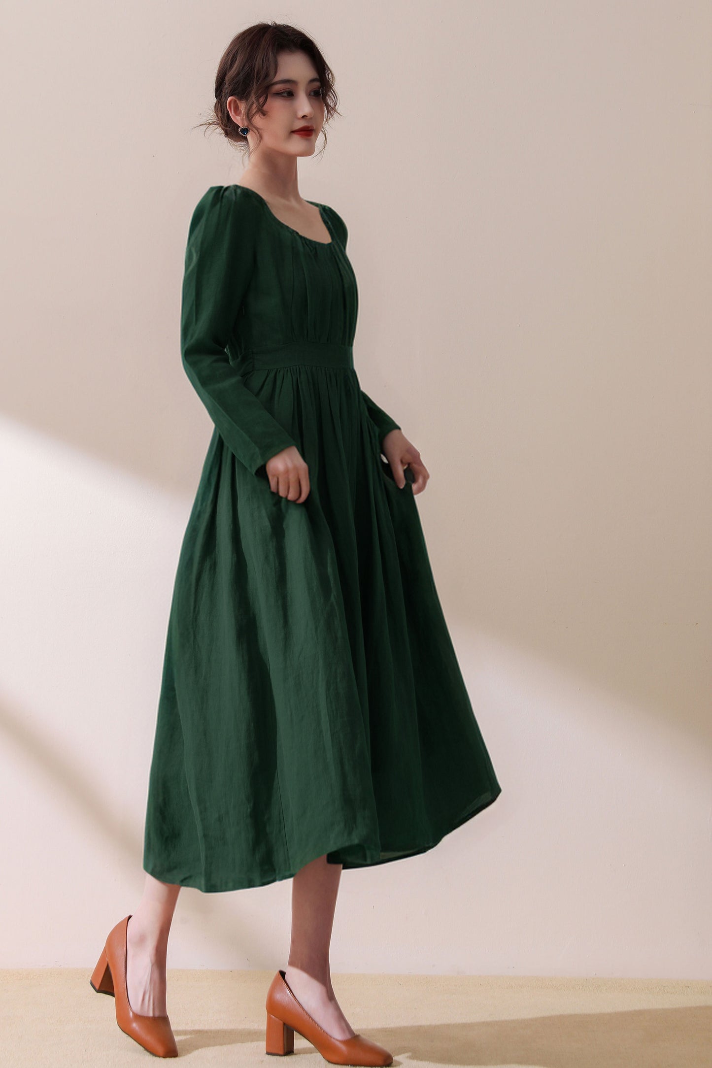 Spring Green Linen Midi Dress C3954