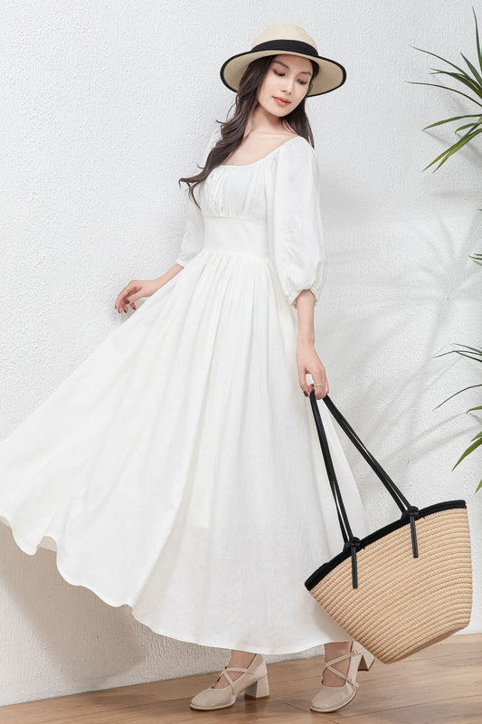 White Linen Swing Dress - Flowy Midi linen Dress C4766