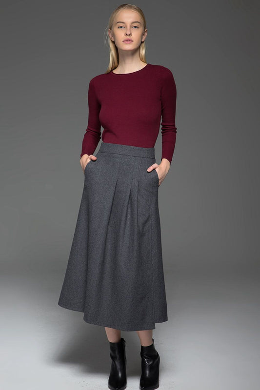 Pleated gray a line winter wool skirt C770