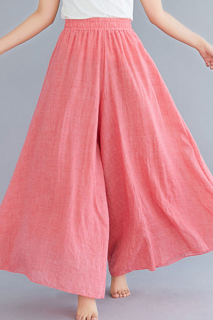 Dark Blue Cotton Linen Wide-Leg Pants - Elastic Waist, Lined TT0053