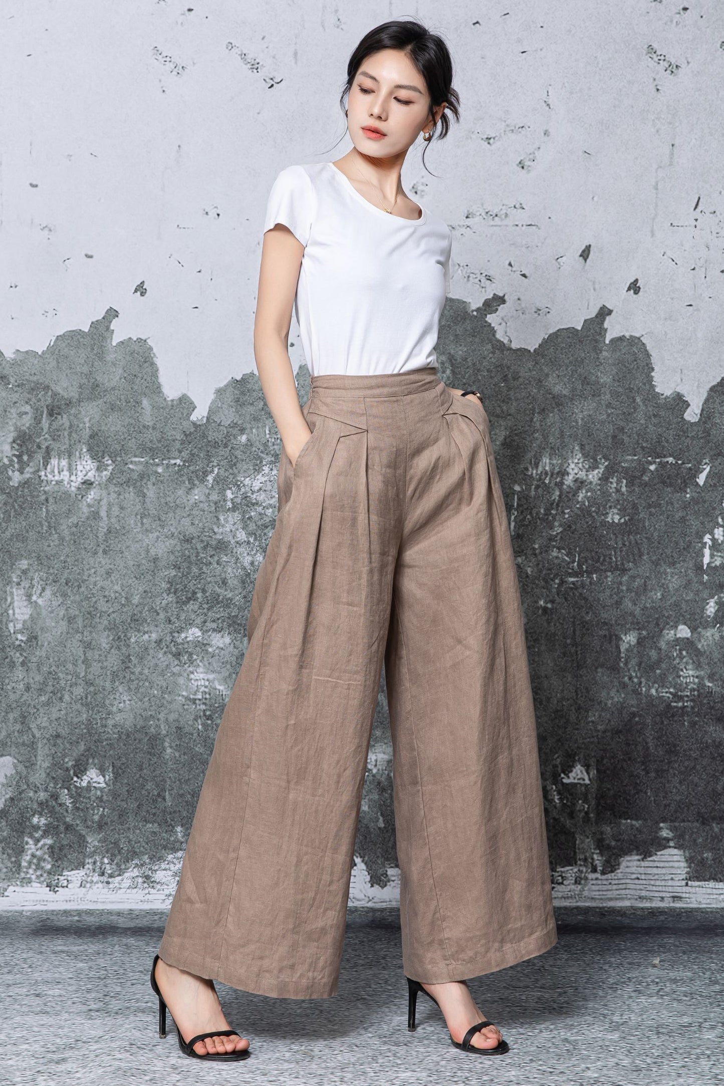 Brown Linen Wide Leg Pants - High Waisted Flowing Palazzo Trousers c5465