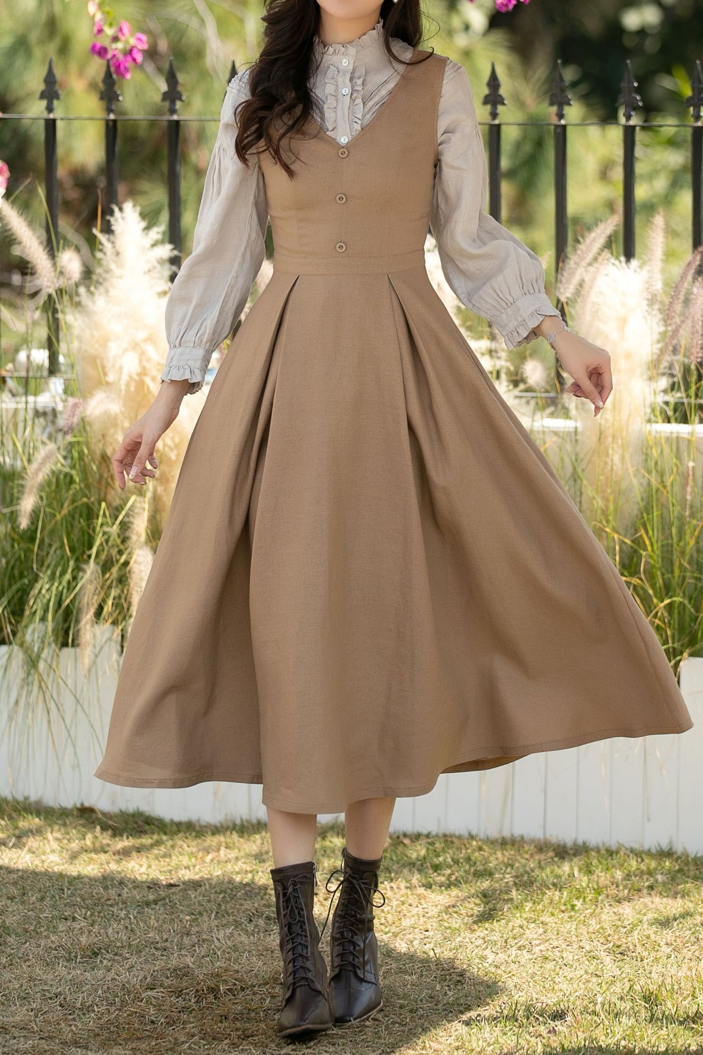 Khaki Linen Pinafore Midi Dress: Sleeveless A-Line Dress with Pockets, Ylistyle C5437