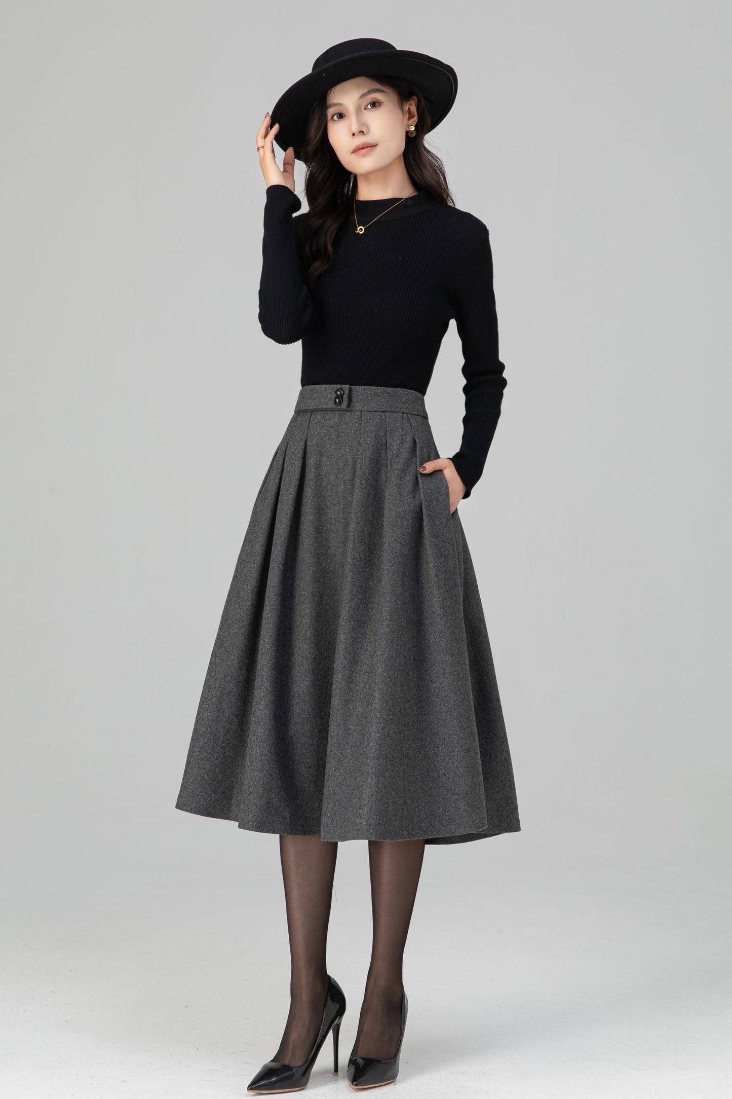 Winter Warm Pleated Midi High Waist Wool Skirt C5200