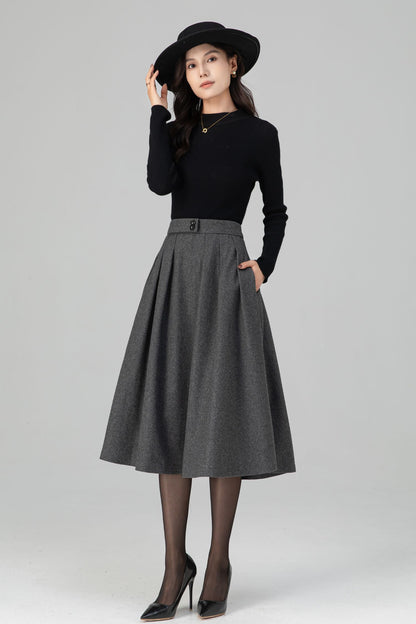Winter Warm Pleated Midi High Waist Wool Skirt C5200
