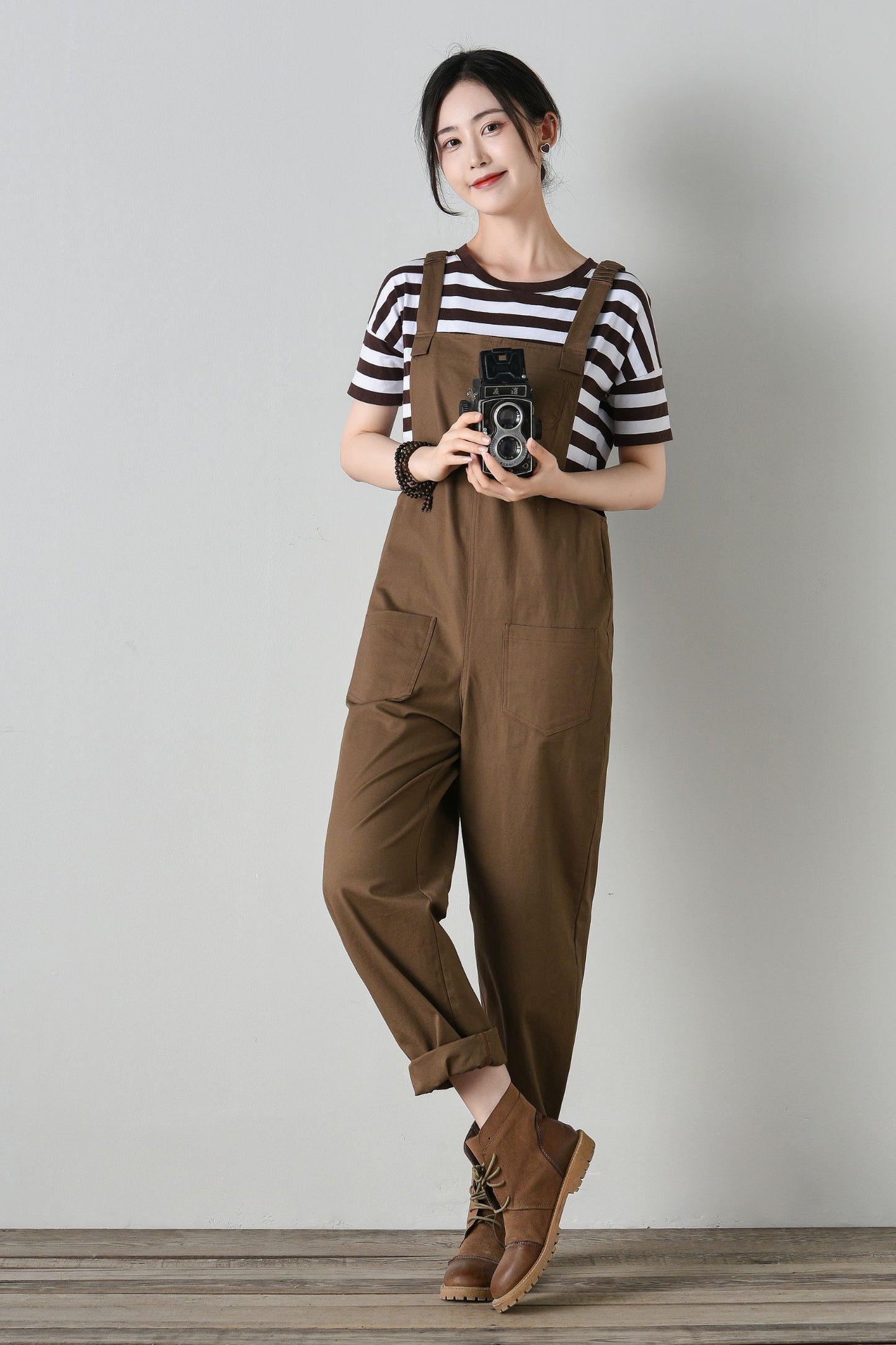 Women's brown cotton overalls C4702