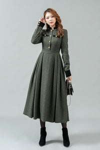 Button front army green winter wool dress C4441