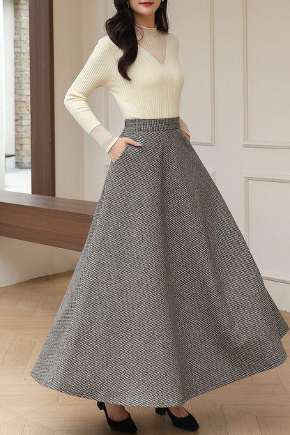 Vintage Classic Long Maxi Plaid Wool Skirt C5190
