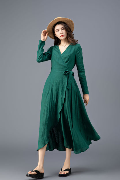 Women's Green Long Sleeves Linen Dress C3914