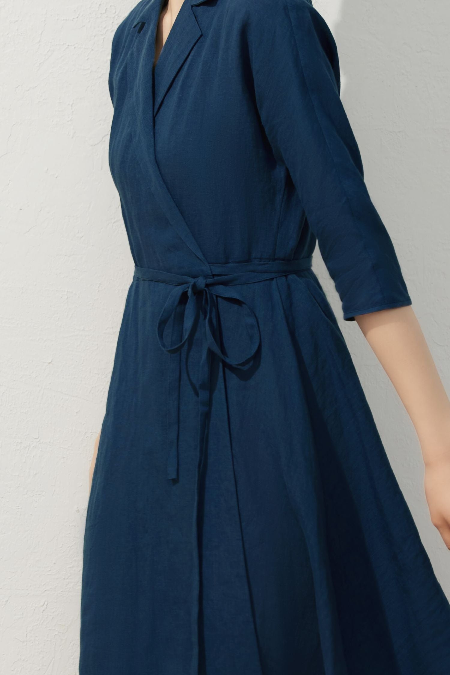 Elegant Navy Blue Linen Wrap Dress C3923 YLISTYLE Elegant Navy Blue Linen Wrap Dress C3923 YLISTYLE