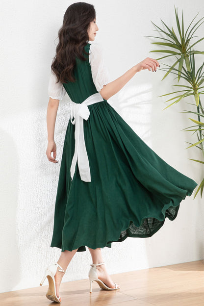 Womens dark green Linen midi Cottagecore Dress c4978
