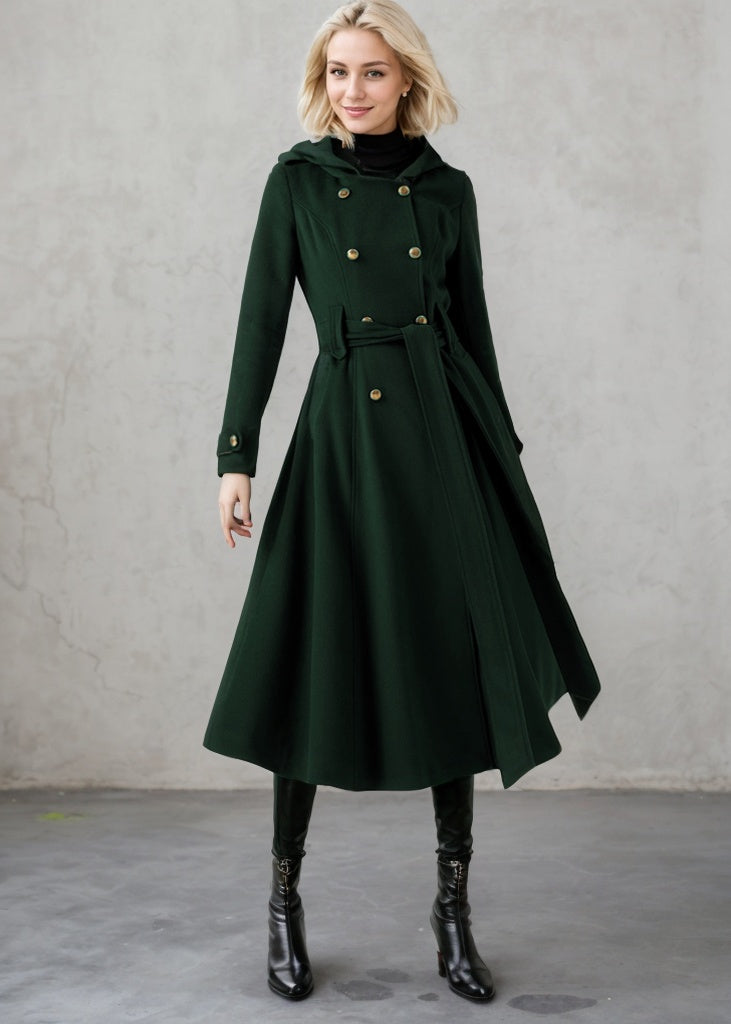 Long Double Breasted Hooded Wool Coat C4406