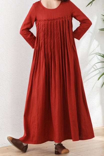Women Brick Red Pleated Organic Linen dress C5419