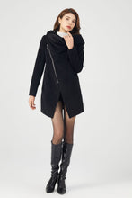 Load image into Gallery viewer, Black Hooded Asymmetrical Wool Coat C3680
