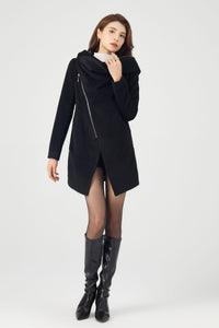 Black Hooded Asymmetrical Wool Coat C4323