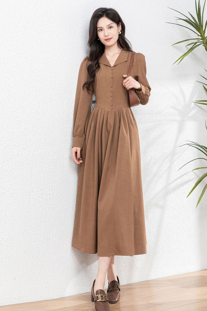 Vintage-Inspired Shirt Dress – Long Sleeve Midi Dress C4759