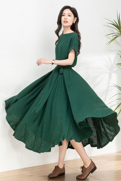 Linen midi swing green dress C4770