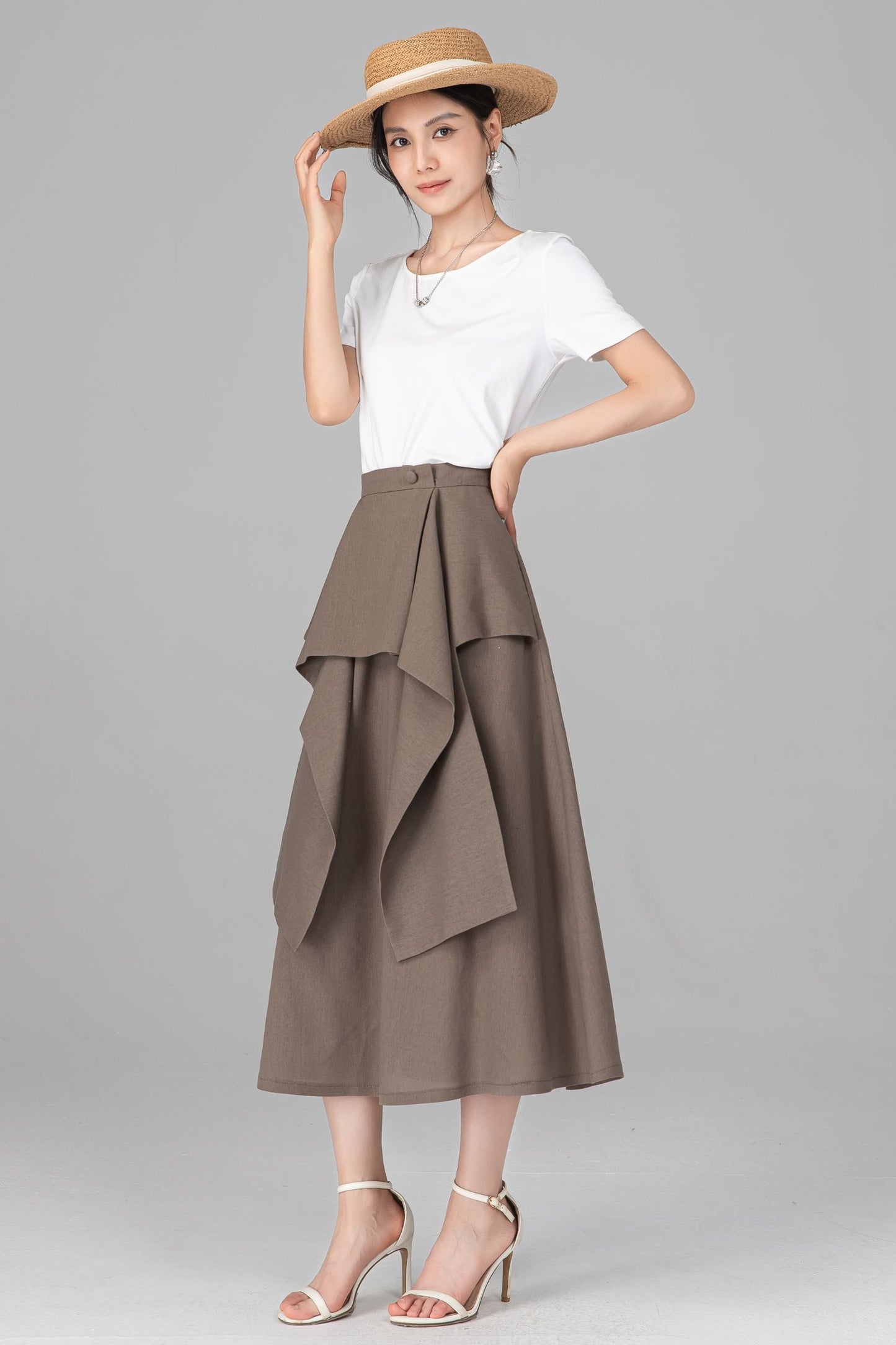 Khaki Linen Cotton Midi Skirt - Asymmetrical Layered Ruffle A-Line C5521