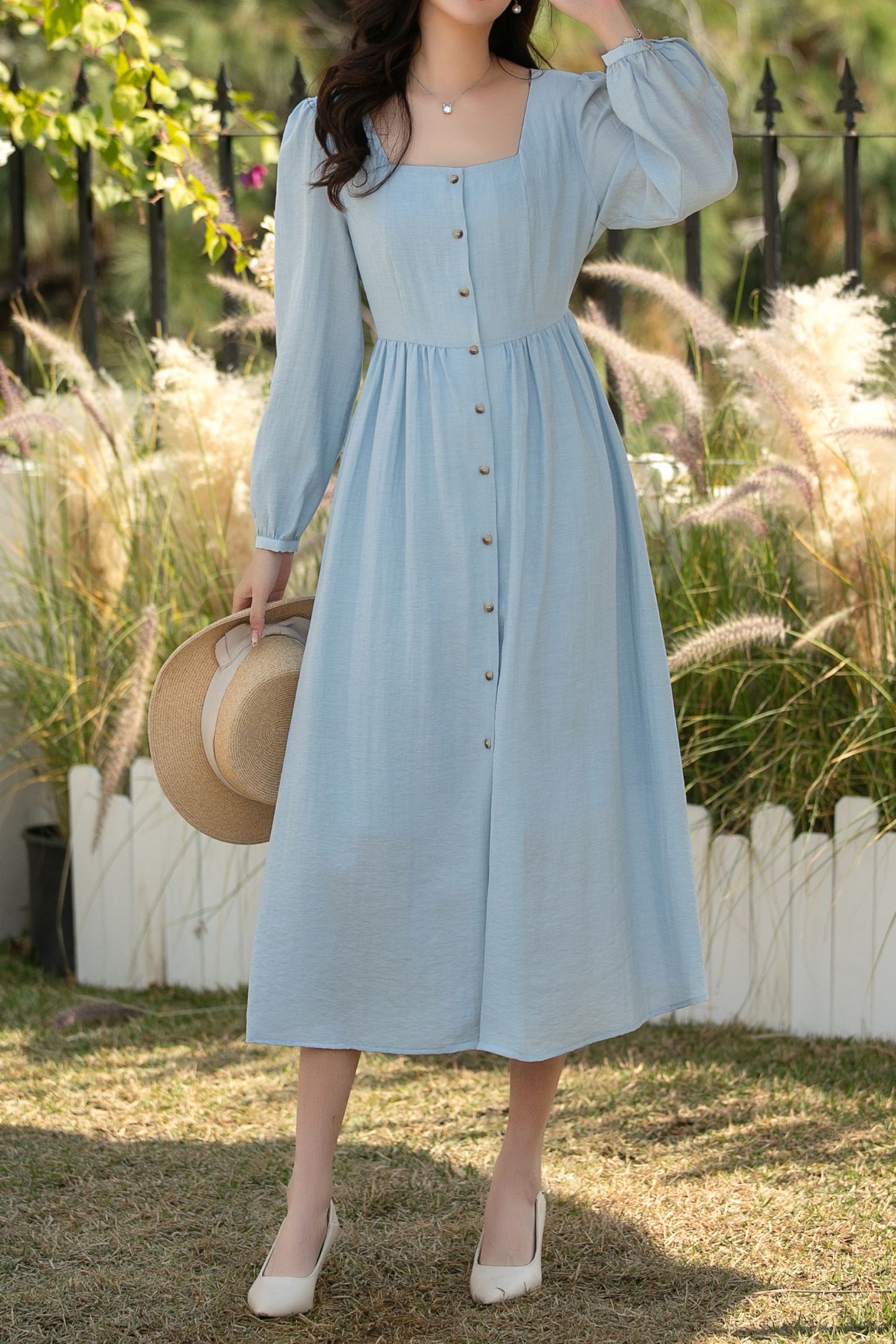 Blue Linen Midi Dress: Square Neck Long Sleeve Button Front A-Line Dress, Ylistyle C5442