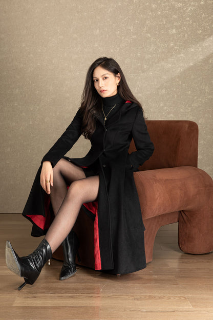 Hooded black long winter wool coat C4489