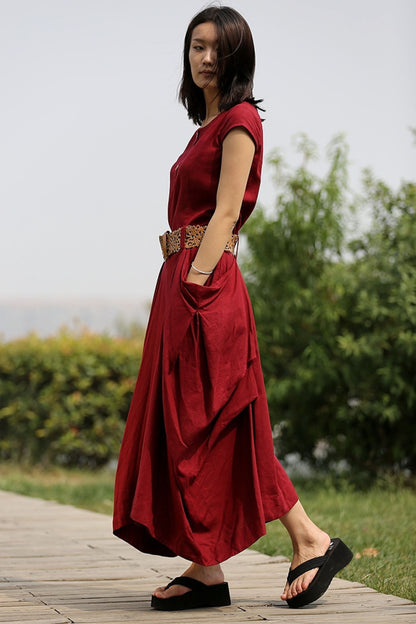 Linen Summer red womens asymmetrica dress C255