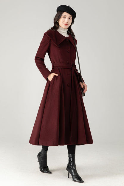 Burgundy Wool Blend Midi Coat: Belted Winter Swing Coat C5337
