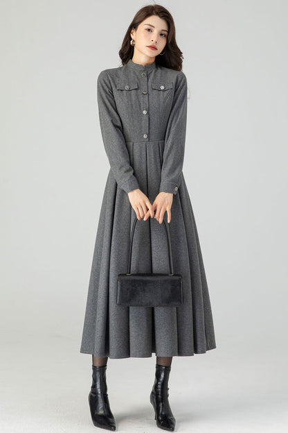 Autumn/winter Gray Wool Dress C4316