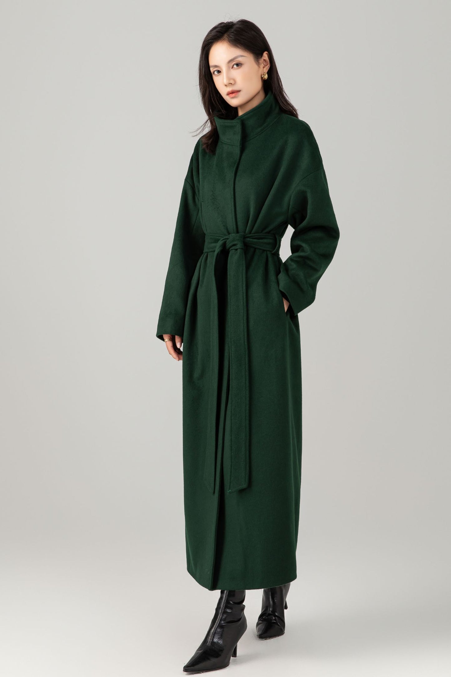 Green long winter warm wool coat C5281
